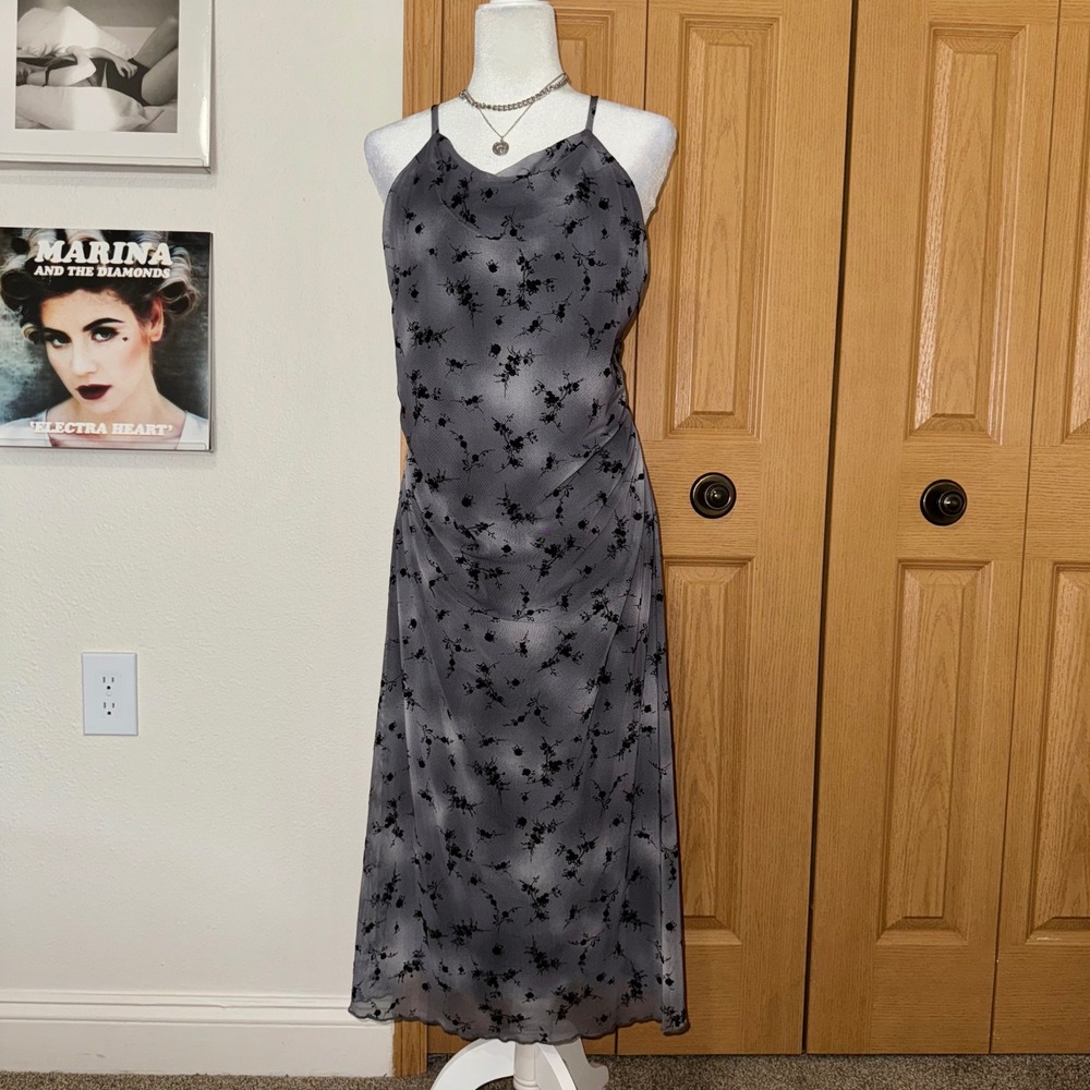 Wild Fable Grey Black Flocked Floral Mesh Cowl Neck Midi Dress Sz XL Whimsygoth